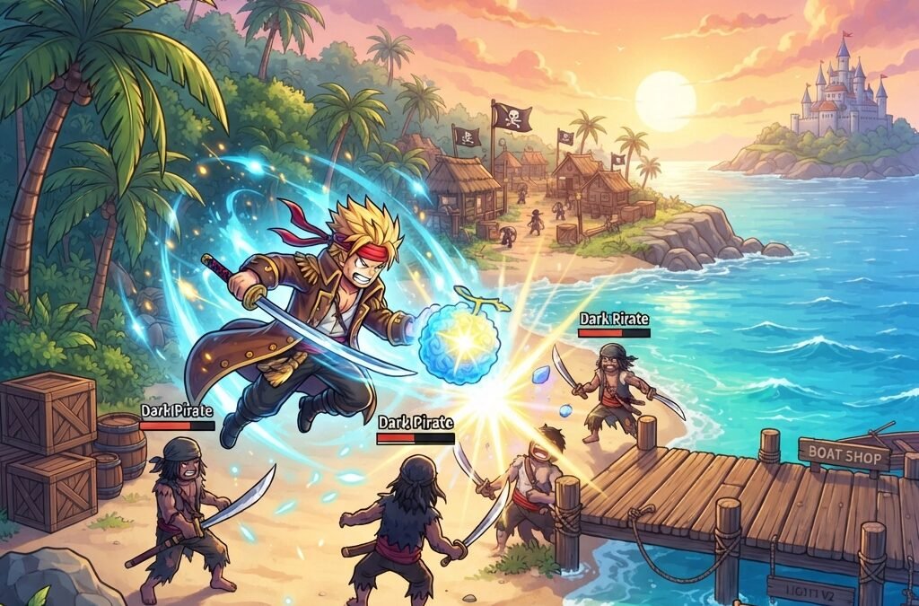 epic Roblox Blox Fruits training scene on a tropical island, anime-inspired pirates fighting NPC enemies near palm trees and wooden docks, bright blue ocean, glowing fruit powers, colorful sky, adventurous and educational mood, highly detailed, vibrant lighting, game art style