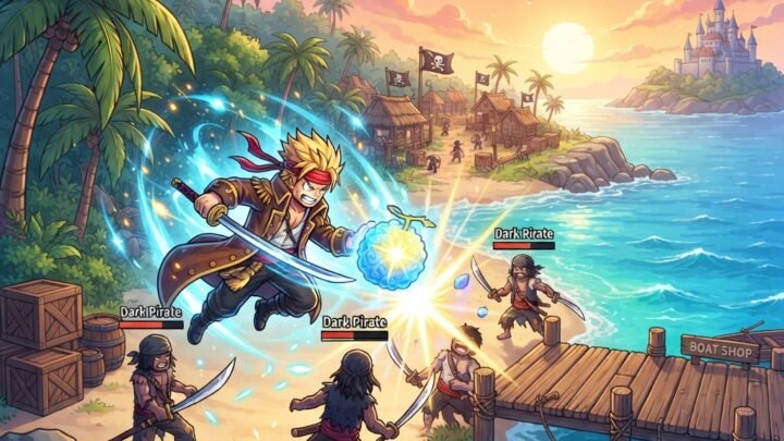 epic Roblox Blox Fruits training scene on a tropical island, anime-inspired pirates fighting NPC enemies near palm trees and wooden docks, bright blue ocean, glowing fruit powers, colorful sky, adventurous and educational mood, highly detailed, vibrant lighting, game art style