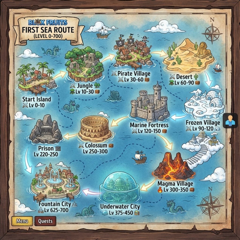 Roblox Blox Fruits first sea leveling route map style illustration, tropical islands, desert area, snowy island, floating sky