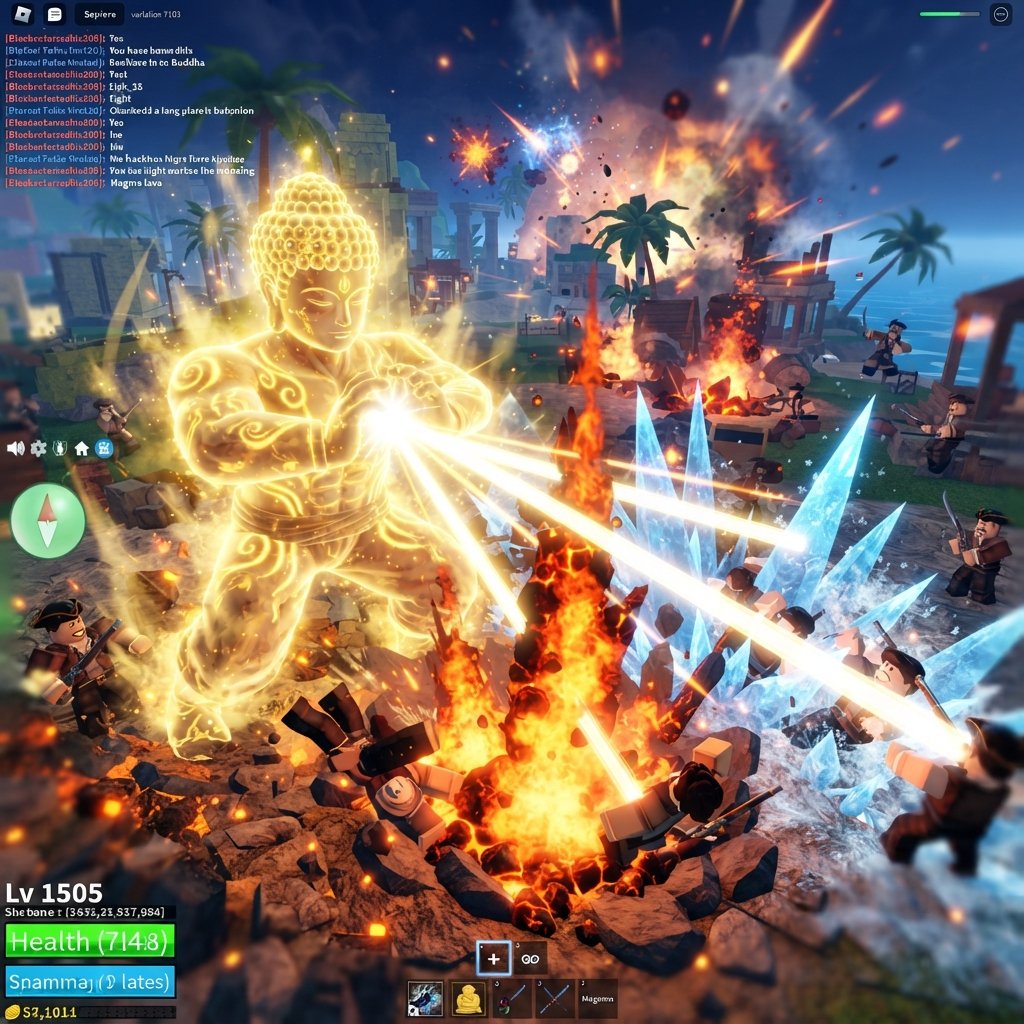 close-up of powerful Blox Fruits abilities in battle, glowing Buddha transformation, Light beams, Magma lava explosions and I