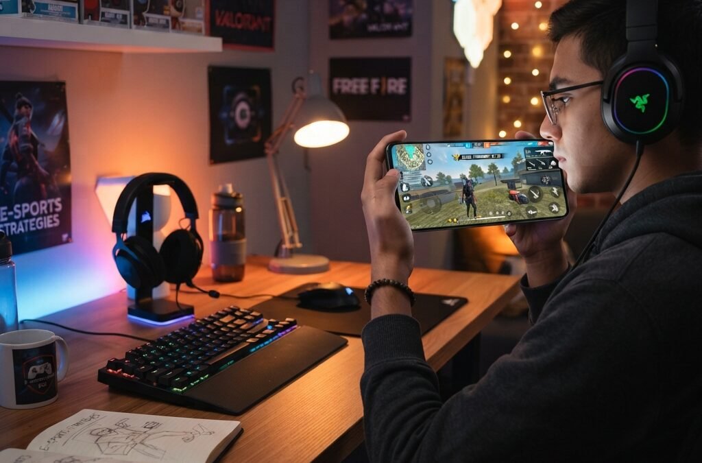 young mobile gamer playing battle royale on smartphone, Free Fire style interface without logos, cozy desk setup with RGB lights, official event banners on screen, safe digital environment, educational gaming article mood, vibrant colors, ultra realistic, highly detailed, 8k photorealistic