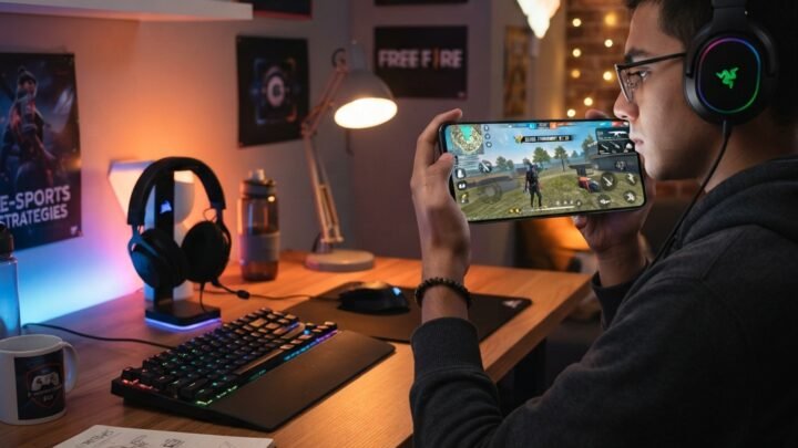 young mobile gamer playing battle royale on smartphone, Free Fire style interface without logos, cozy desk setup with RGB lights, official event banners on screen, safe digital environment, educational gaming article mood, vibrant colors, ultra realistic, highly detailed, 8k photorealistic