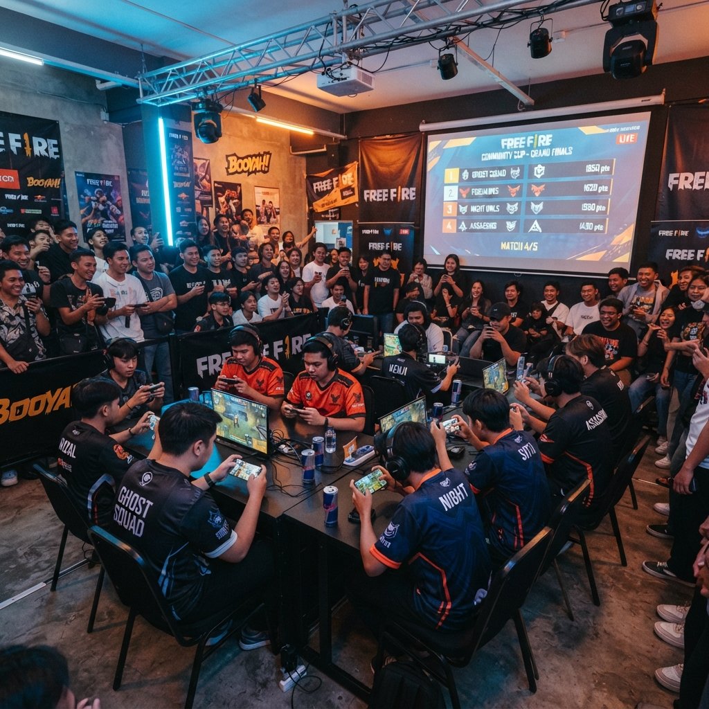 conseguir - esports style Free Fire community tournament, players with smartphones in a small gaming venue, scoreboard screen