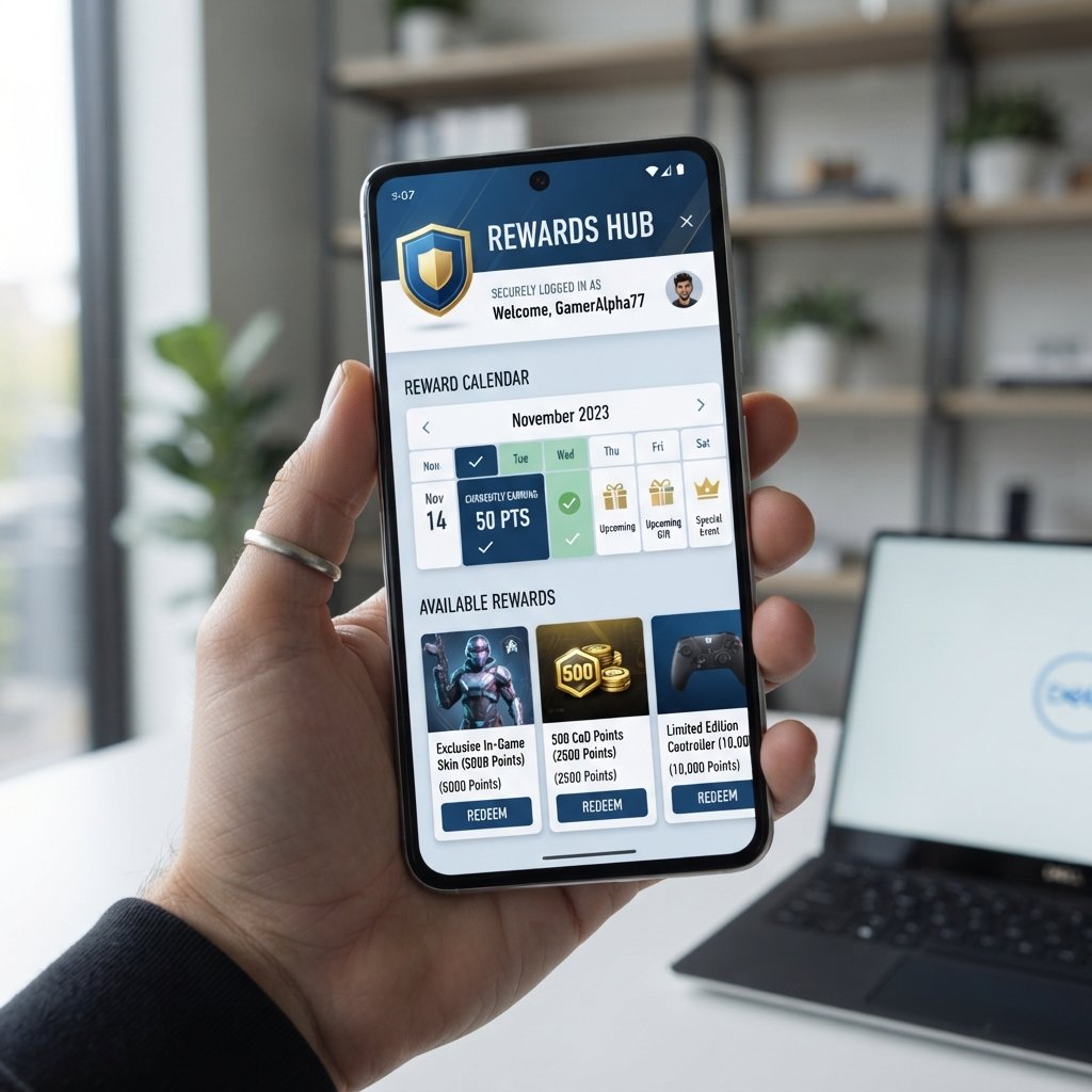 conseguir - smartphone screen showing official reward redemption page, secure login concept, clean interface, shield icon, ga