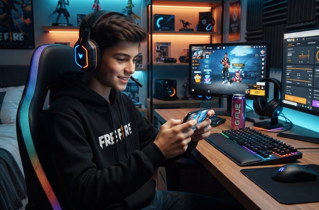 young mobile gamer playing Free Fire on smartphone at home desk, game-themed setup with blue and orange LED lights, secure reward icons on screen, educational tech atmosphere, realistic modern bedroom, detailed and vibrant, photorealistic