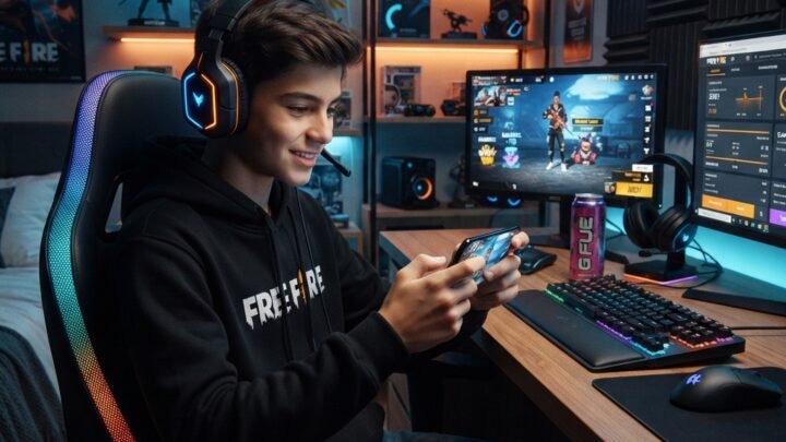 young mobile gamer playing Free Fire on smartphone at home desk, game-themed setup with blue and orange LED lights, secure reward icons on screen, educational tech atmosphere, realistic modern bedroom, detailed and vibrant, photorealistic