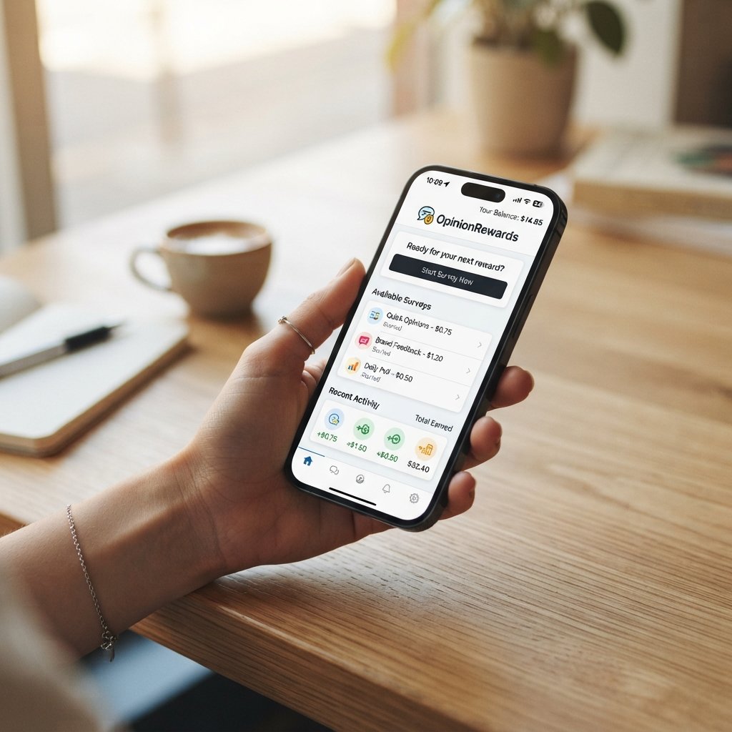 conseguir - smartphone showing survey reward app and app store balance screen, hand holding phone over clean wooden table, so