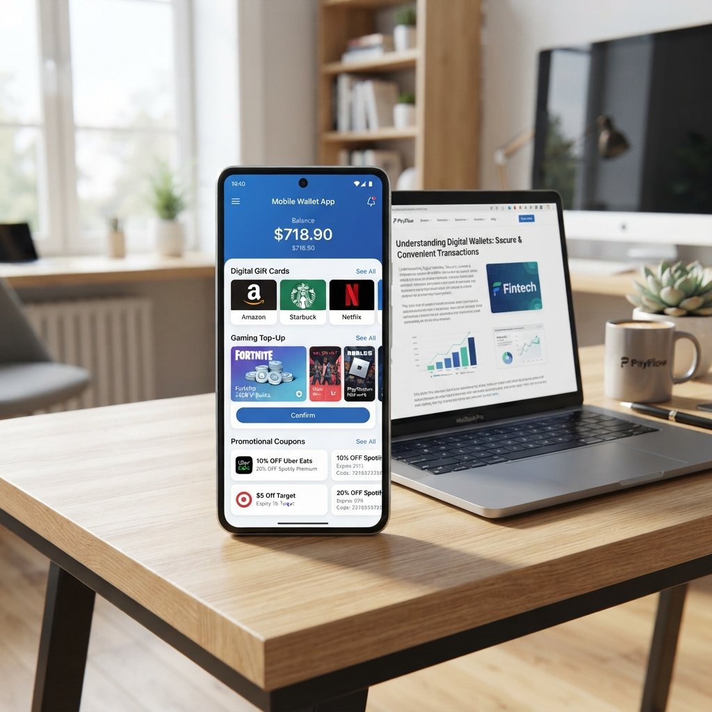 conseguir - digital gift cards, mobile wallet app, gaming top-up screen and promotional coupons arranged on a sleek desktop,