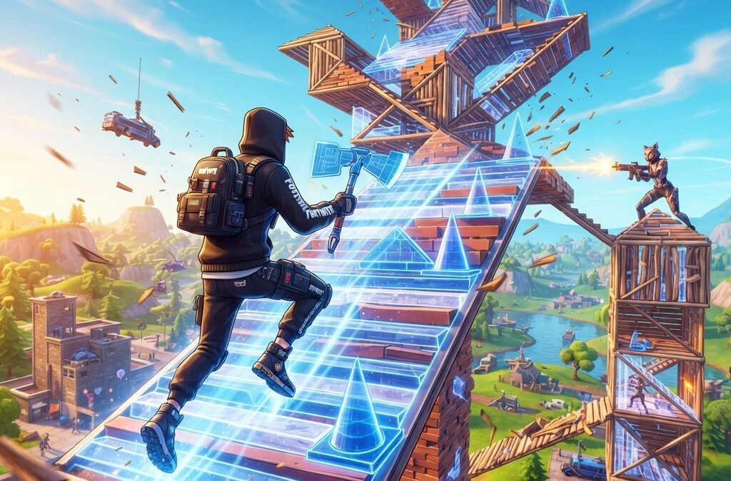 Fortnite competitive building scene with player placing walls ramps and cones at high speed, colorful battle royale arena, dynamic third person action, blue sky, sharp structure lines, intense but educational gaming mood, highly detailed digital art