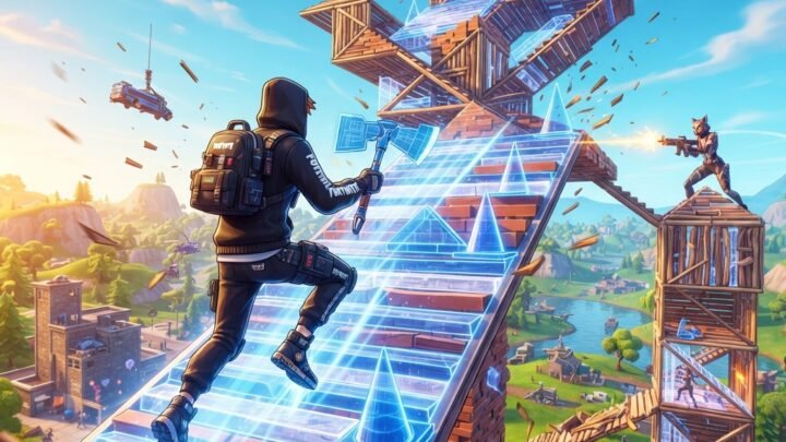 Fortnite competitive building scene with player placing walls ramps and cones at high speed, colorful battle royale arena, dynamic third person action, blue sky, sharp structure lines, intense but educational gaming mood, highly detailed digital art