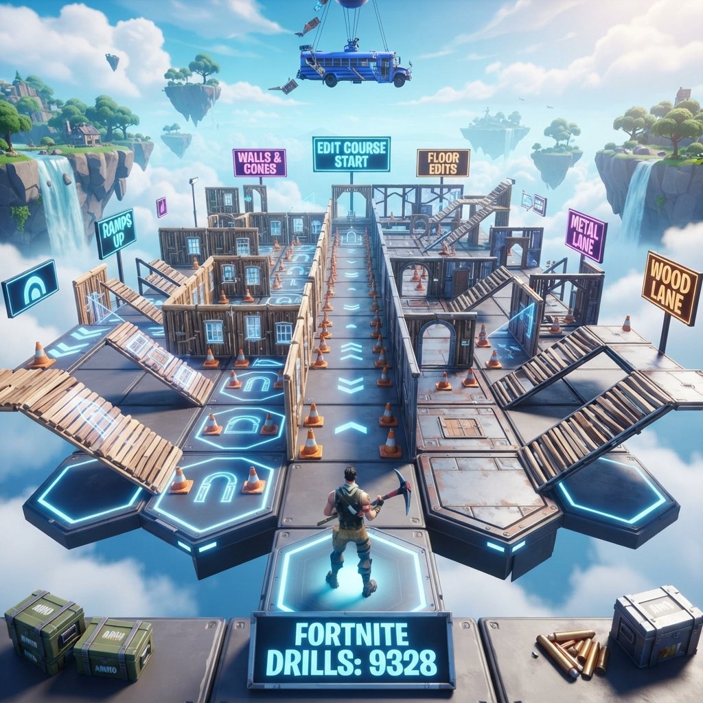mejores - training layout for Fortnite building drills, floating practice map with wooden and metal structures, edit courses,