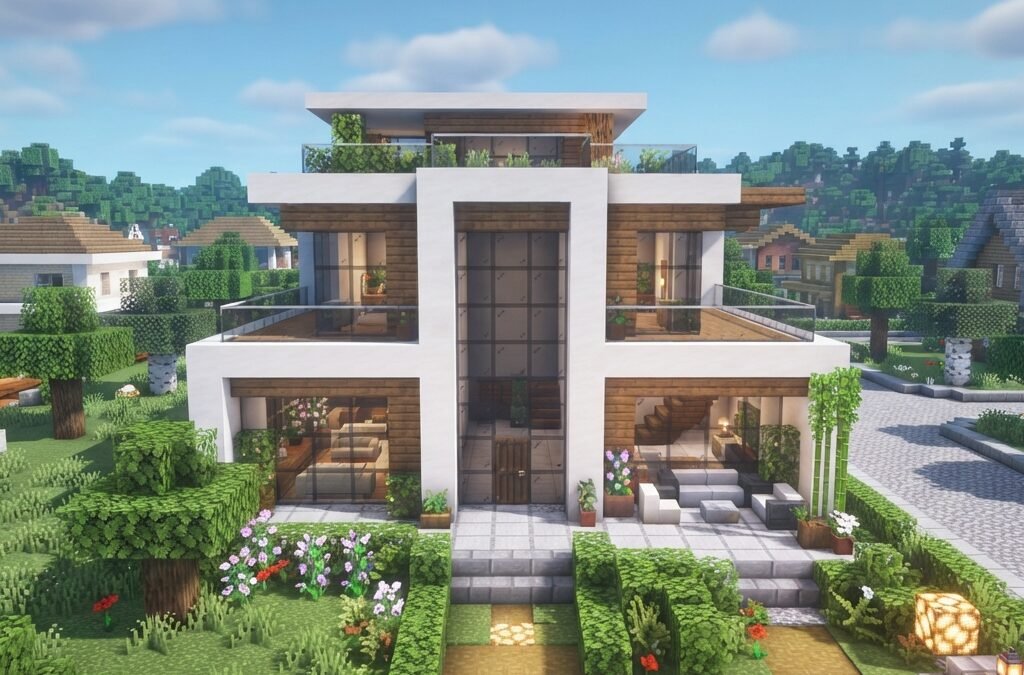 modern Minecraft house built with white concrete, glass walls, wooden accents, flat roof, landscaped garden, bright daylight, clean minimalist design, peaceful suburban setting, highly detailed game-inspired architectural scene