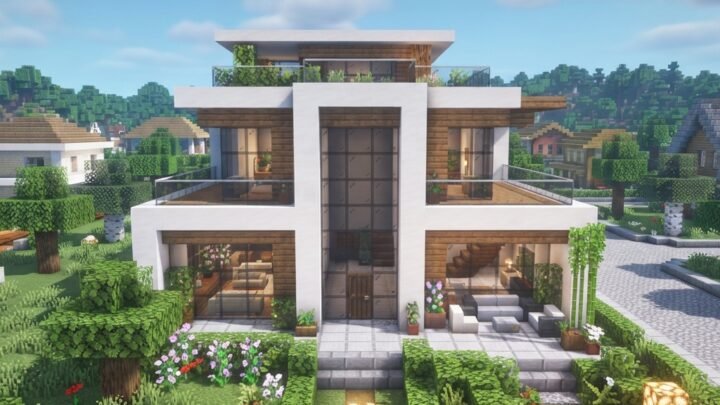 modern Minecraft house built with white concrete, glass walls, wooden accents, flat roof, landscaped garden, bright daylight, clean minimalist design, peaceful suburban setting, highly detailed game-inspired architectural scene