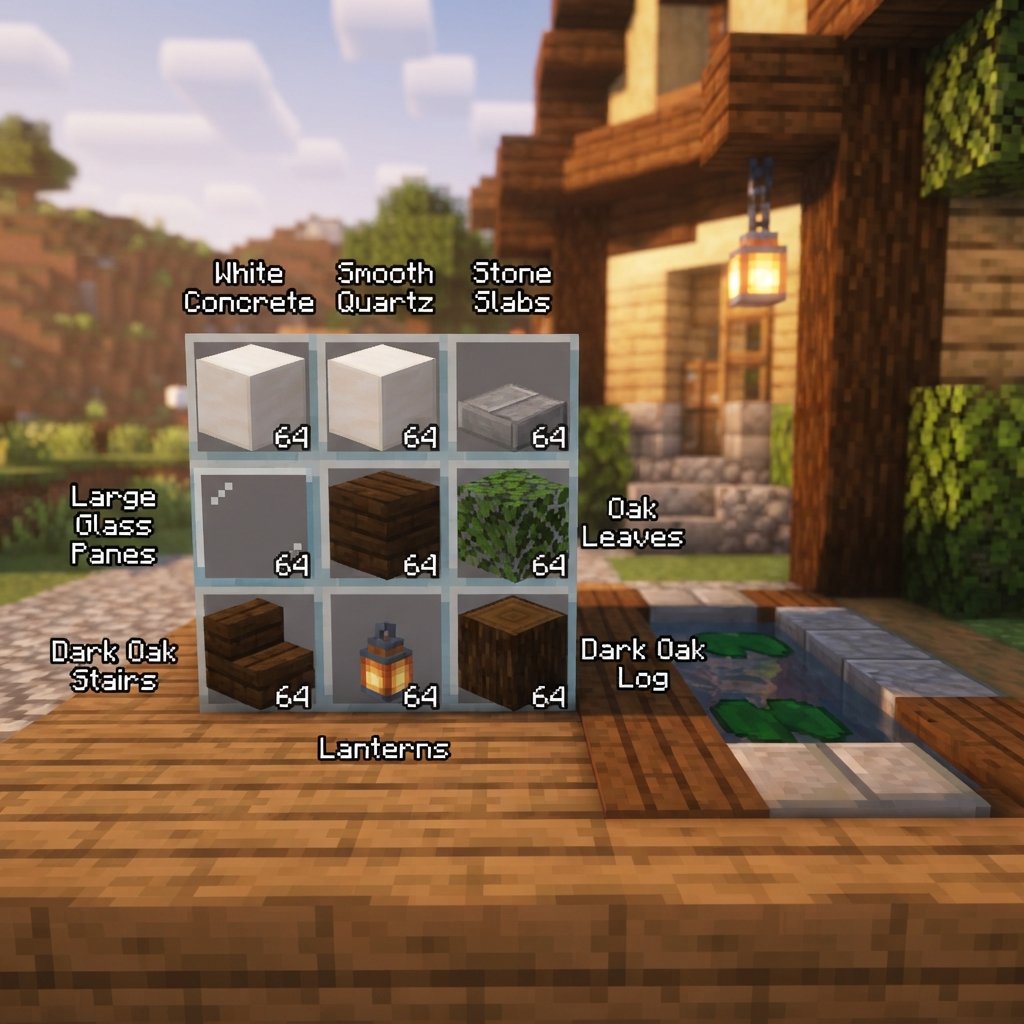 definitiva - Minecraft building palette with white concrete, smooth quartz, stone slabs, large glass panes, dark oak wood, le