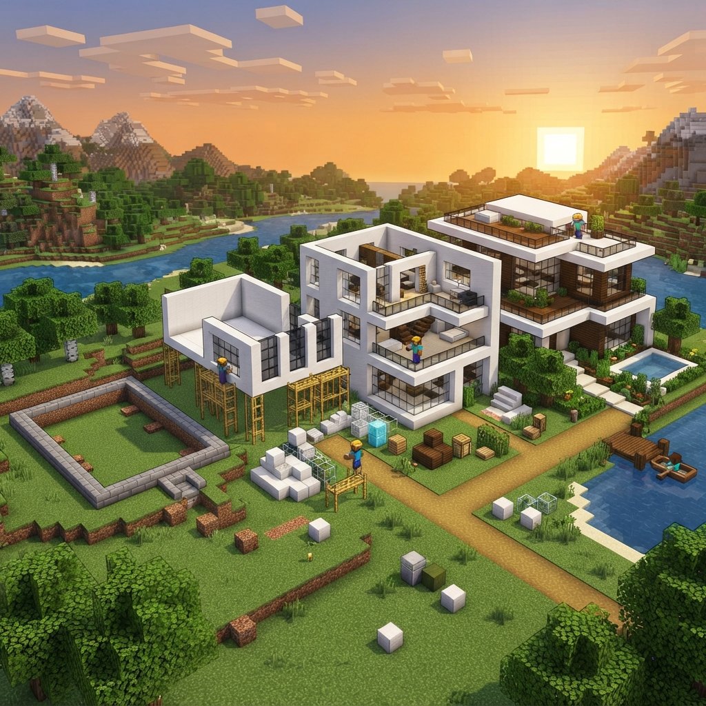 definitiva - step-by-step Minecraft modern house construction showing foundation outline, rising white walls, large glass win