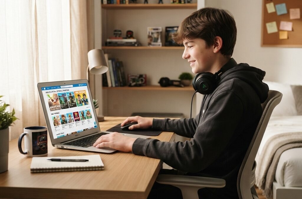 teen gamer using a laptop on a tidy desk while browsing Roblox promotions, colorful Roblox-style interface on screen, soft daylight, modern bedroom setup, educational and trustworthy mood, highly detailed, realistic, clean composition