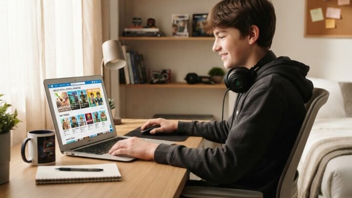 teen gamer using a laptop on a tidy desk while browsing Roblox promotions, colorful Roblox-style interface on screen, soft daylight, modern bedroom setup, educational and trustworthy mood, highly detailed, realistic, clean composition