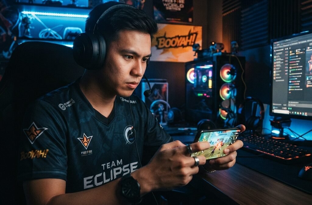 skilled Free Fire player holding smartphone in a dim gaming room with blue and orange LED lights, intense ranked match on screen, tactical map overlay, focused expression, competitive esports mood, ultra detailed, realistic, cinematic lighting