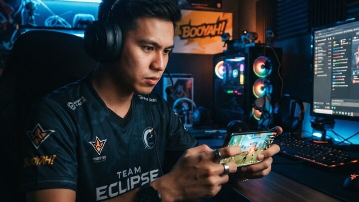skilled Free Fire player holding smartphone in a dim gaming room with blue and orange LED lights, intense ranked match on screen, tactical map overlay, focused expression, competitive esports mood, ultra detailed, realistic, cinematic lighting