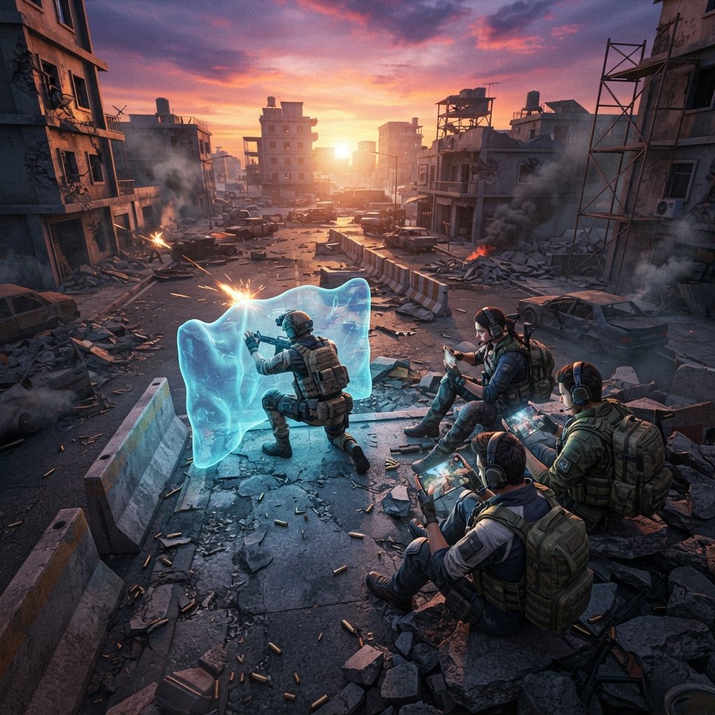 subir - four Free Fire squad teammates coordinating in match, smartphone screens glowing, tactical voice communication, one p