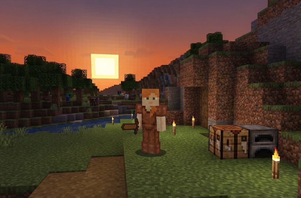 new Minecraft survival world at sunset, player standing near trees and a small hill, wooden tools, crafting table and furnace nearby, warm orange sky, first-night tension, blocky landscape with grass, stone and distant mobs, educational gaming style, highly detailed