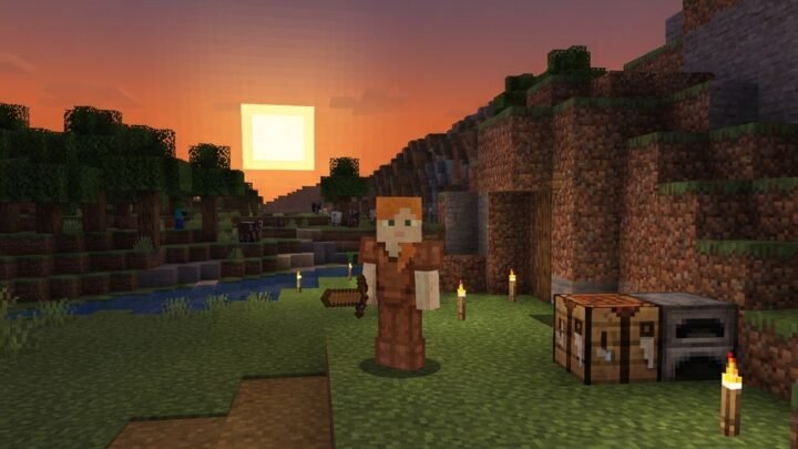 new Minecraft survival world at sunset, player standing near trees and a small hill, wooden tools, crafting table and furnace nearby, warm orange sky, first-night tension, blocky landscape with grass, stone and distant mobs, educational gaming style, highly detailed