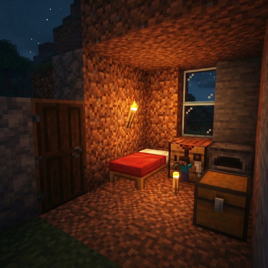 mejores - simple Minecraft first-night shelter built into a hillside, torch-lit interior with bed, crafting table, furnace an
