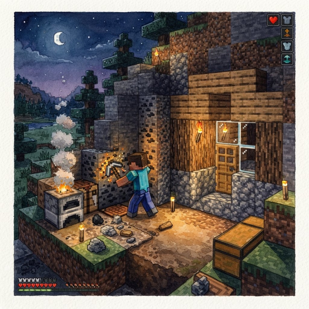 mejores - Minecraft player mining near the shelter entrance at night, exposed coal ore in stone wall, torchlight glowing on r