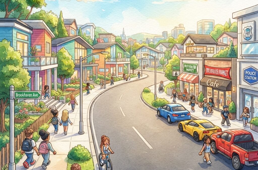colorful Roblox Brookhaven town street with modern houses, avatars walking on sidewalks, bright daytime lighting, friendly beginner gaming atmosphere, cars parked near shops, clean suburban city layout, educational and inviting style, highly detailed