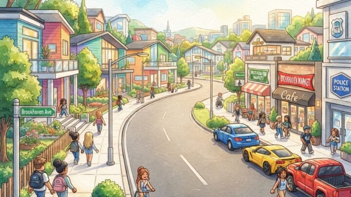 colorful Roblox Brookhaven town street with modern houses, avatars walking on sidewalks, bright daytime lighting, friendly beginner gaming atmosphere, cars parked near shops, clean suburban city layout, educational and inviting style, highly detailed
