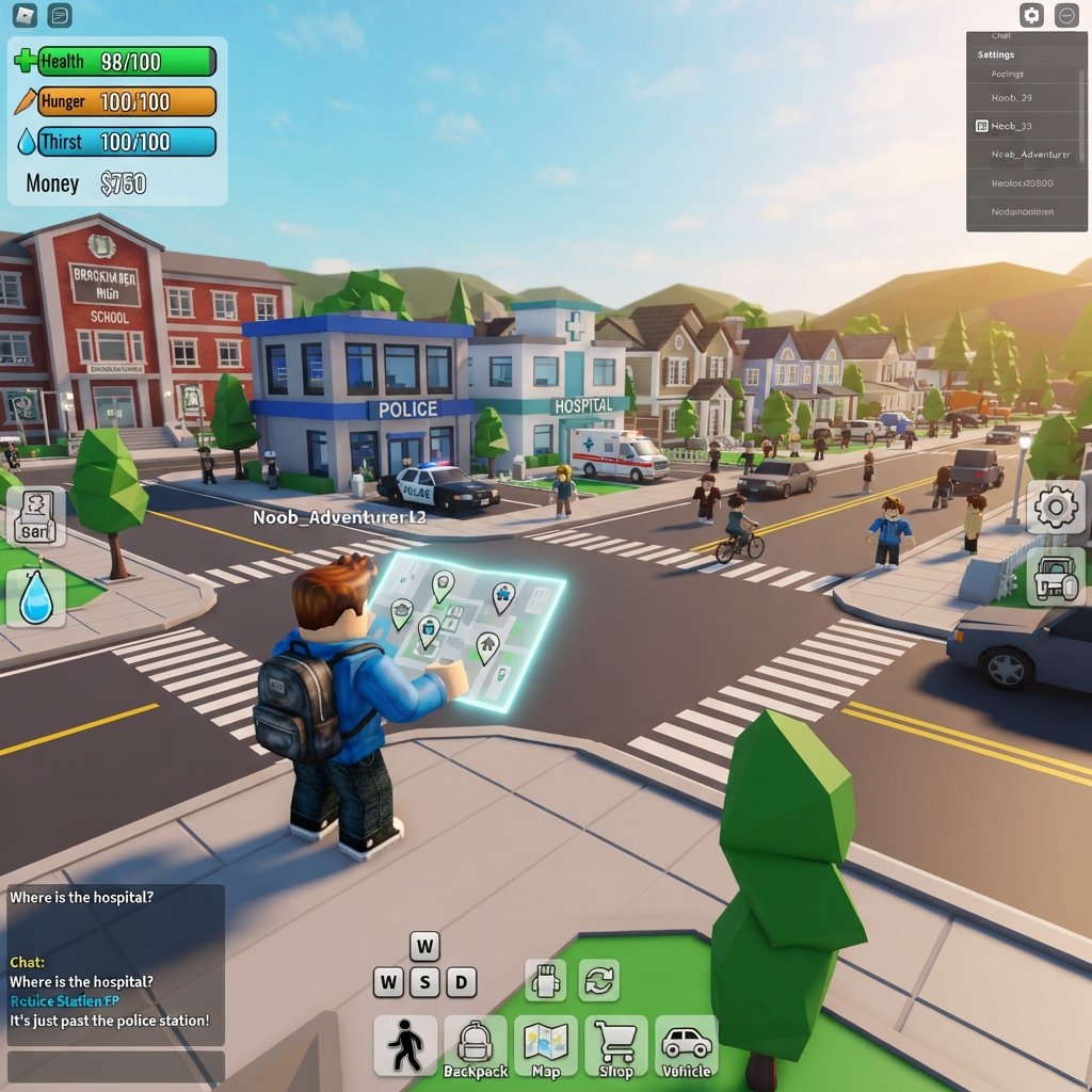 completa - Roblox Brookhaven map exploration scene with beginner avatar checking town areas, school, hospital, police station