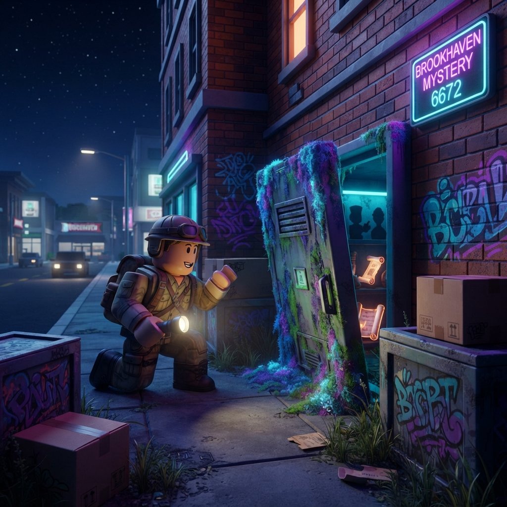 completa - detailed Roblox Brookhaven secret corner at night, hidden room entrance near urban building, neon glow, curious av