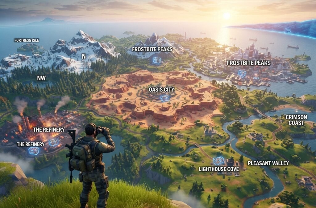dynamic battle royale island landscape with varied biomes, named landing zones, loot chests glowing near buildings, player scouting from a hill at sunrise, colorful but tactical mood, detailed game-inspired map environment, ultra realistic, highly detailed