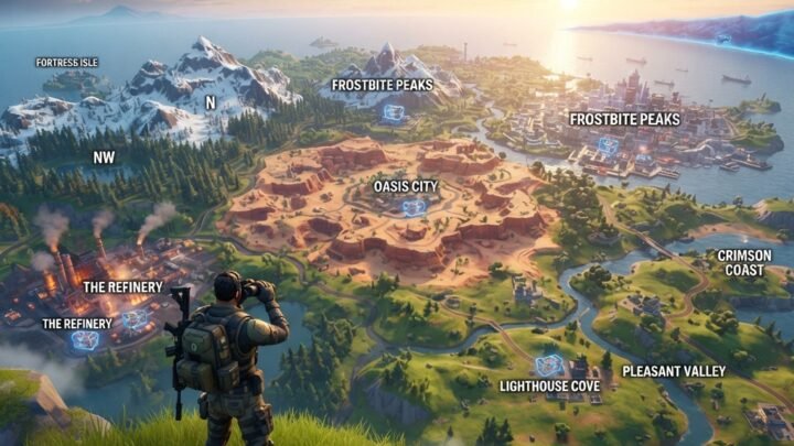 dynamic battle royale island landscape with varied biomes, named landing zones, loot chests glowing near buildings, player scouting from a hill at sunrise, colorful but tactical mood, detailed game-inspired map environment, ultra realistic, highly detailed