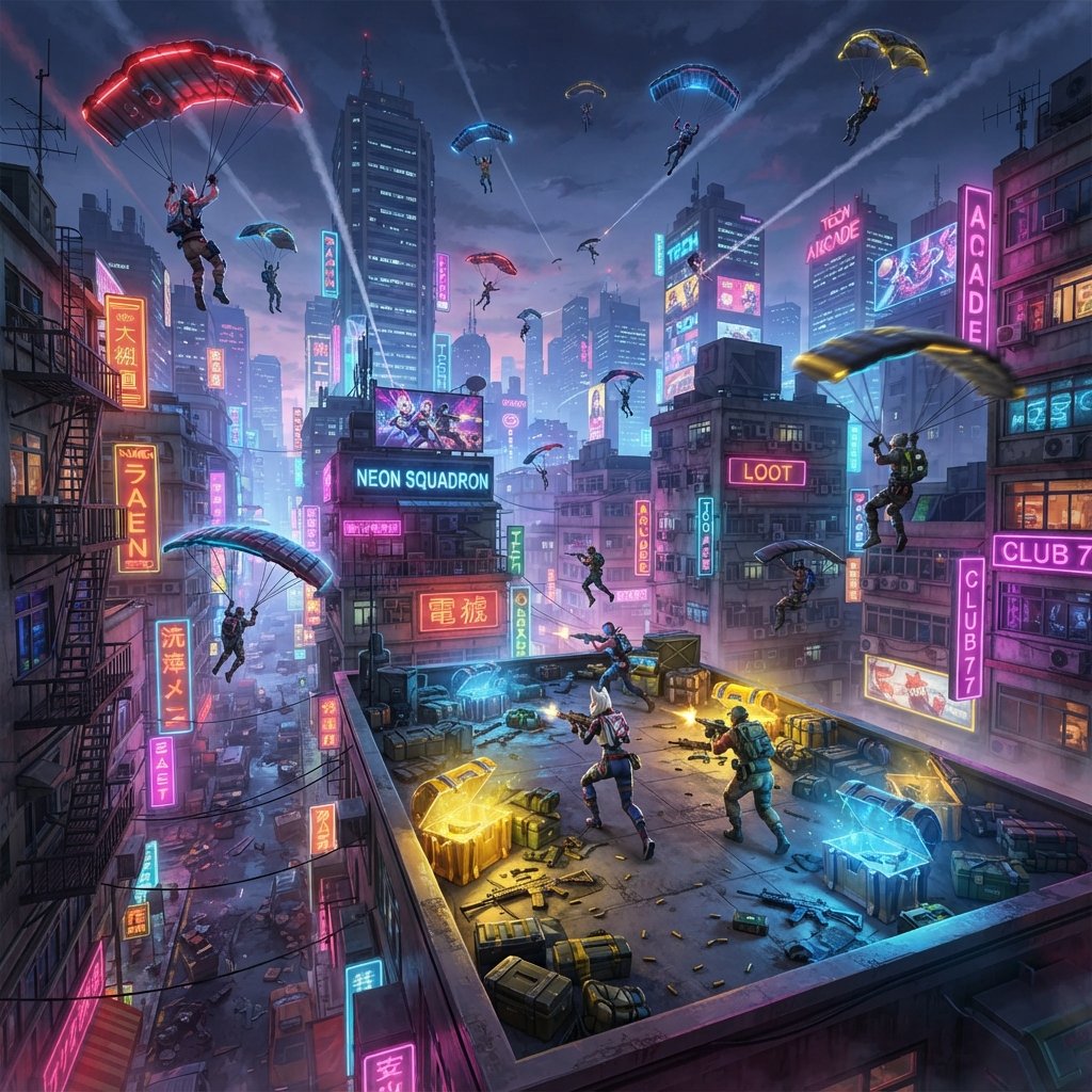 fortnite - intense landing scene in a dense urban battle royale point of interest, multiple players descending with gliders,
