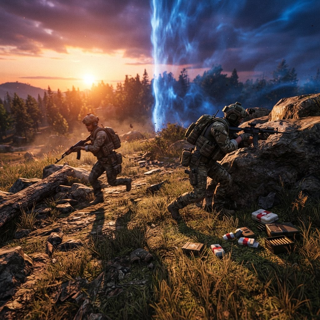 fortnite - final circle tactical showdown on grassy high ground with natural cover, two players repositioning near storm edge