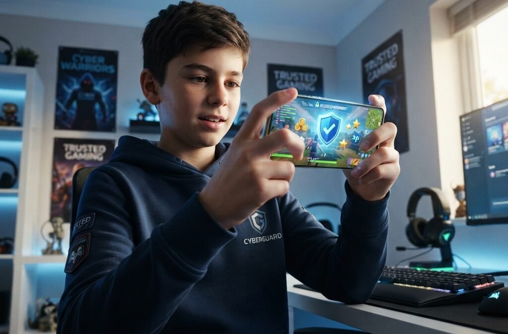 young gamer using a smartphone to play a battle royale game, secure digital environment with shield icons and reward symbols, clean desk setup with soft blue lighting, educational and trustworthy mood, ultra realistic, highly detailed, 8k quality, photorealistic