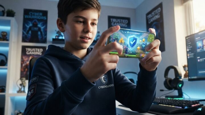 young gamer using a smartphone to play a battle royale game, secure digital environment with shield icons and reward symbols, clean desk setup with soft blue lighting, educational and trustworthy mood, ultra realistic, highly detailed, 8k quality, photorealistic