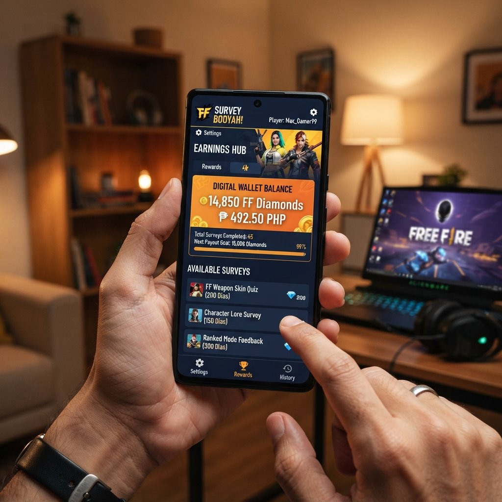 conseguir - smartphone screen showing survey rewards app and digital wallet balance, gaming-themed background with Free Fire