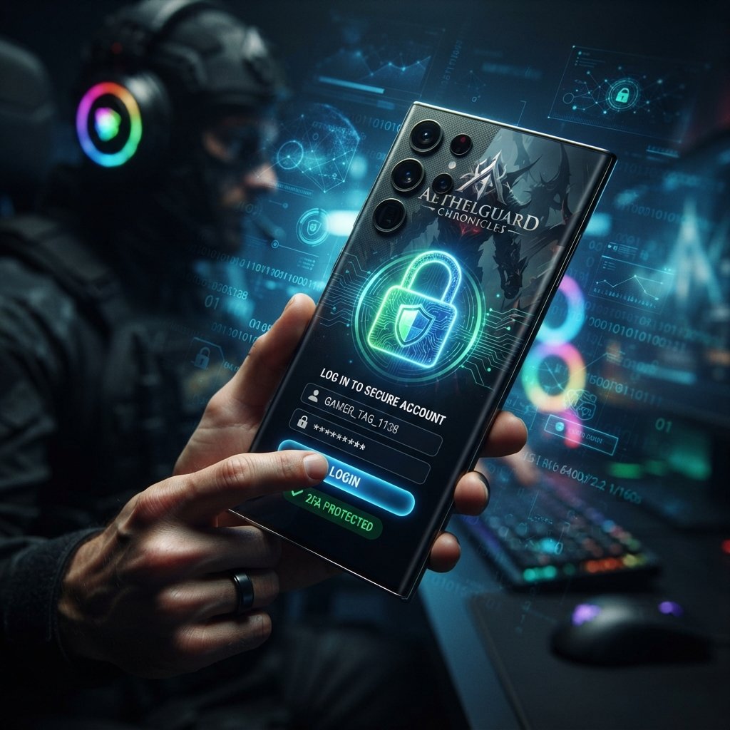 conseguir - cybersecurity concept with mobile gamer account protection, lock icon over smartphone game login screen, dark bac