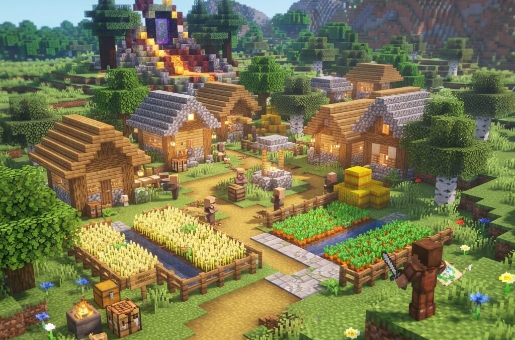 minecraft survival world spawn near a village, cozy wooden houses, farms with wheat and carrots, distant ruined portal, green plains biome, bright morning light, adventurous and inviting mood, blocky sandbox style, highly detailed