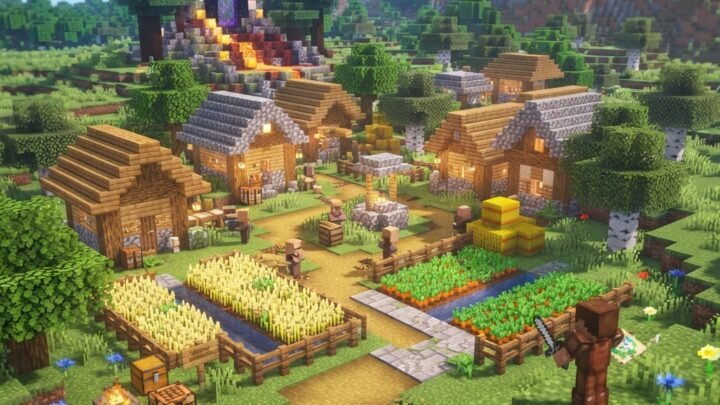minecraft survival world spawn near a village, cozy wooden houses, farms with wheat and carrots, distant ruined portal, green plains biome, bright morning light, adventurous and inviting mood, blocky sandbox style, highly detailed