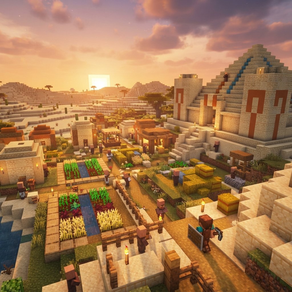 mejores - minecraft desert village beside a sandstone desert temple, blocky farms, villagers walking, cactus and sand dunes,