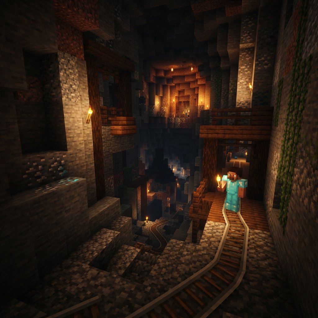mejores - minecraft underground cave system near village, glowing torches, exposed mineshaft wood beams, rails, iron ore and