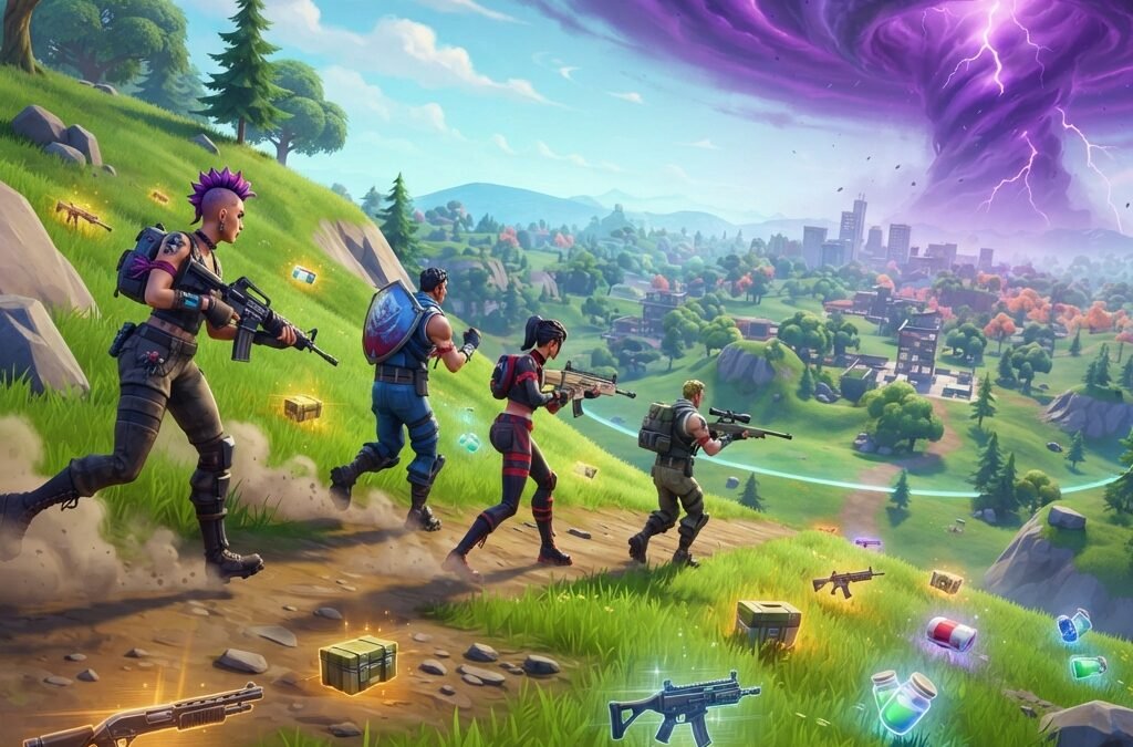 Fortnite Zero Build squad rotating across a grassy hill toward safe zone, vivid storm circle in the background, scattered loot on the ground, tactical movement, bright colorful battle royale map, dynamic third-person action, clean educational gaming style, highly detailed