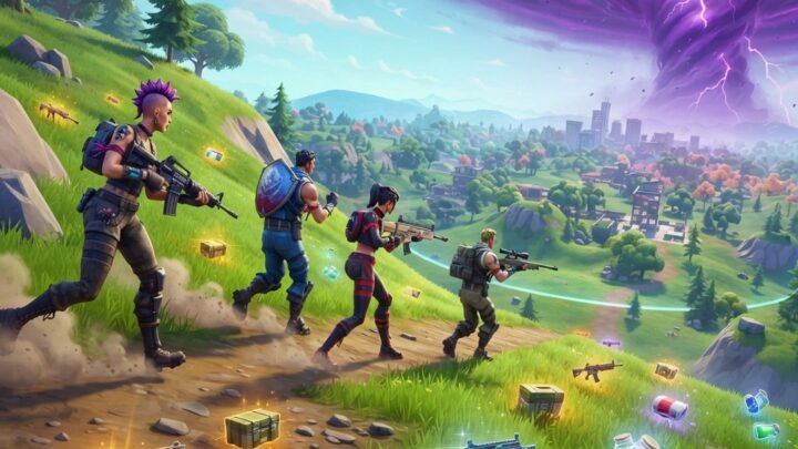 Fortnite Zero Build squad rotating across a grassy hill toward safe zone, vivid storm circle in the background, scattered loot on the ground, tactical movement, bright colorful battle royale map, dynamic third-person action, clean educational gaming style, highly detailed