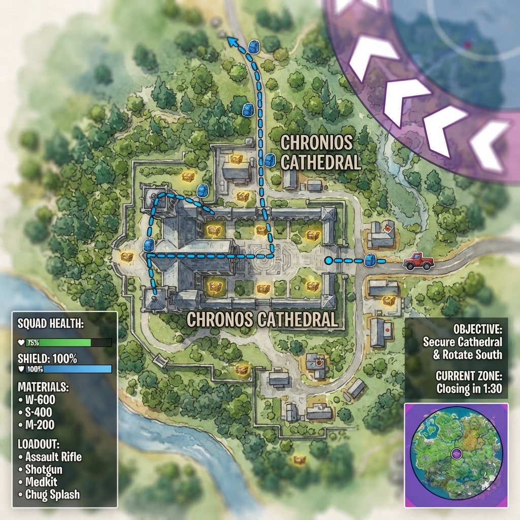 top-down style Fortnite map planning scene with highlighted loot route, named landing area, chest locations, vehicle icon, st