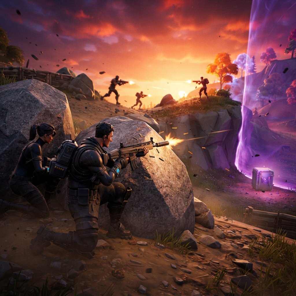 intense Fortnite Zero Build endgame near small safe zone, players using rocks and hills for cover, glowing storm closing in,