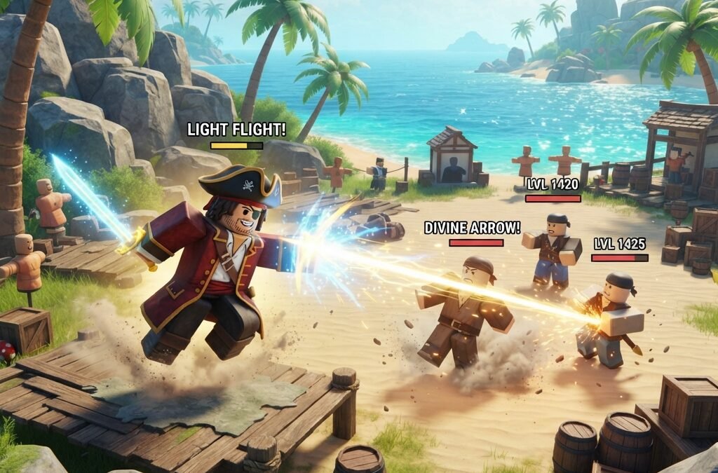 Roblox Blox Fruits inspired tropical island training area with pirate character fighting NPC enemies, colorful ocean background, palm trees, glowing fruit powers, bright daylight, dynamic action scene, educational gaming guide style, highly detailed