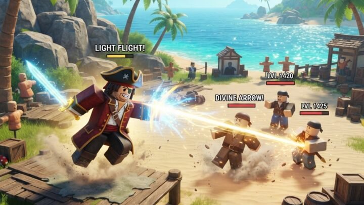 Roblox Blox Fruits inspired tropical island training area with pirate character fighting NPC enemies, colorful ocean background, palm trees, glowing fruit powers, bright daylight, dynamic action scene, educational gaming guide style, highly detailed